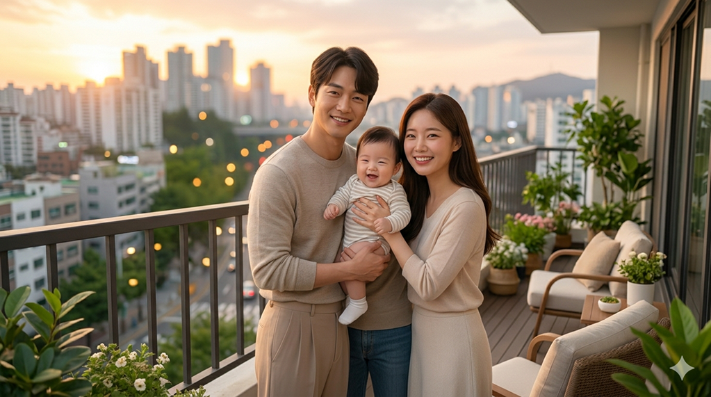 2026년 육아휴직에 대한 희망과 지원을 상징하는 전문적인 젊은 부부의 따뜻한 손잡이 장면
